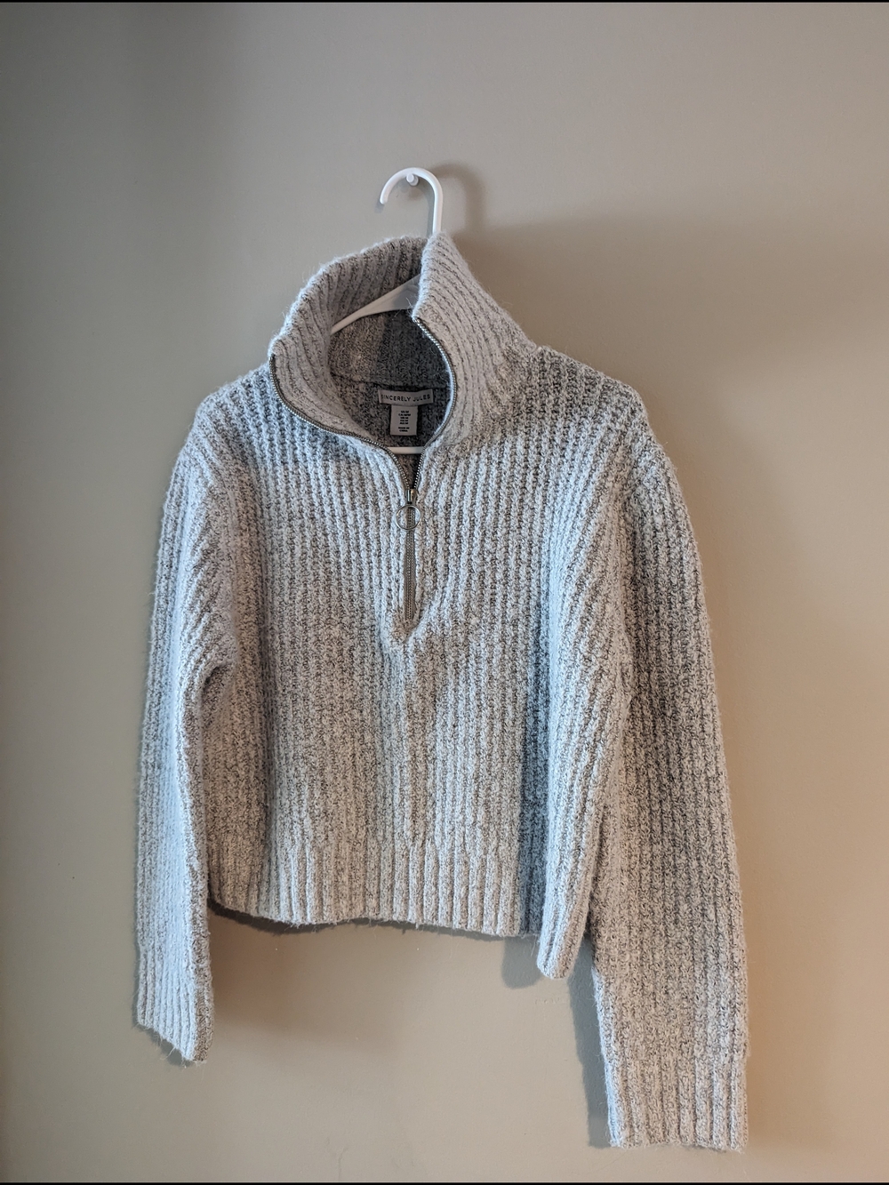 Sincerely Jules Heathered Light Gray Half-Zip Turtleneck Sweater